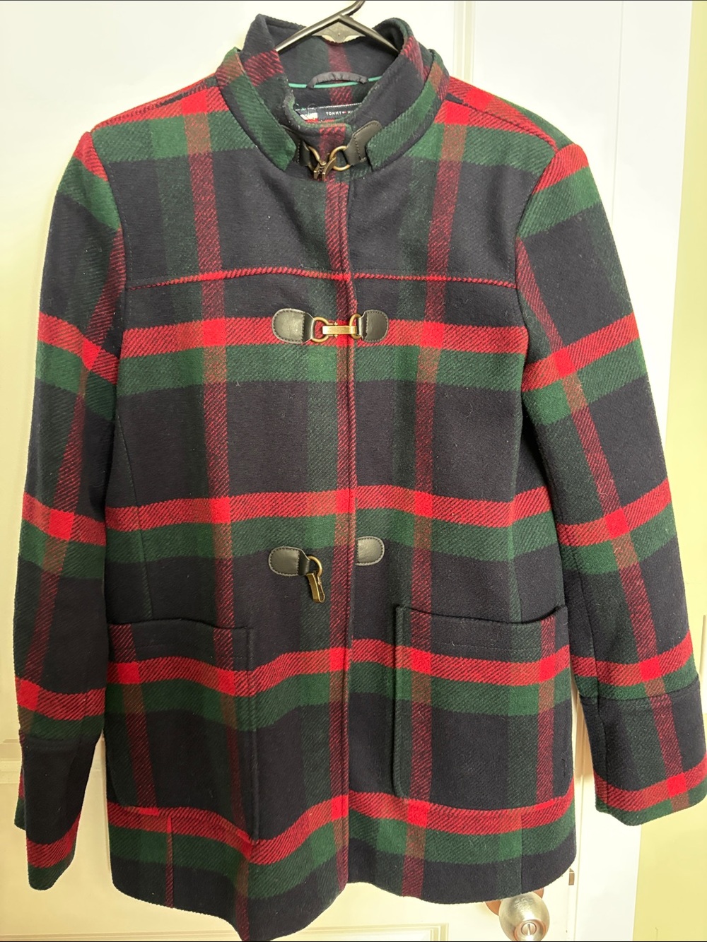 Tommy Hilfiger Navy Red Green Plaid Toggle Peacoat